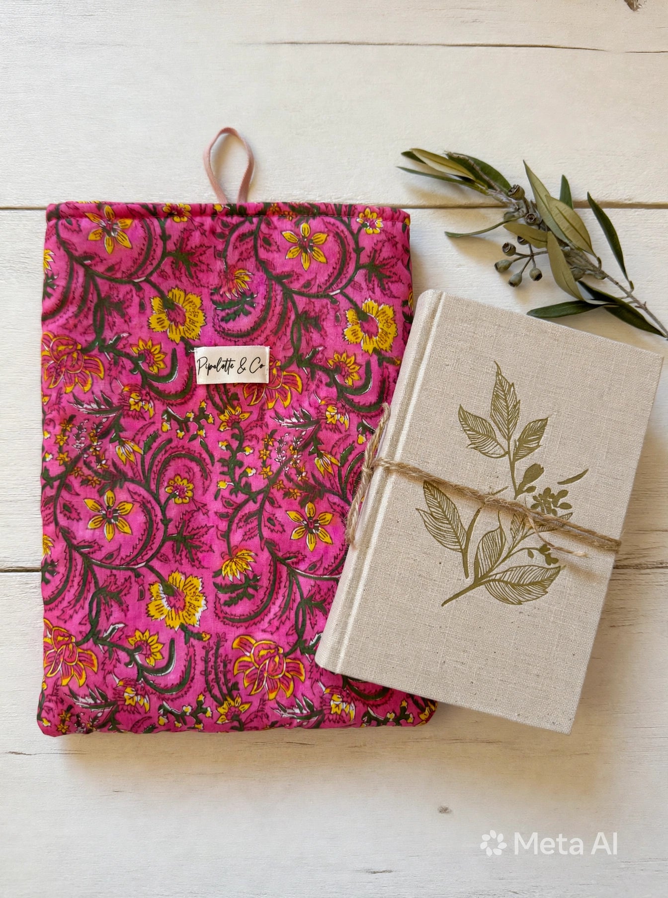 Pochette Livre Grand Broché 23x30 cm - Tissu Block Print "Fleur de Jaipur"