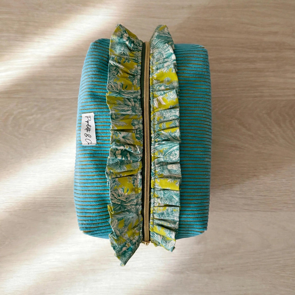 Trousse de toilette velours côtelé turquoise, tissu Kenzo Mah Jong