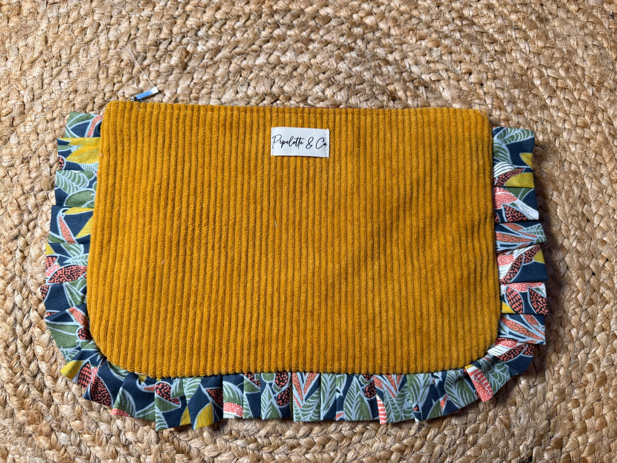 Pochette à froufrous moutarde et fleurs