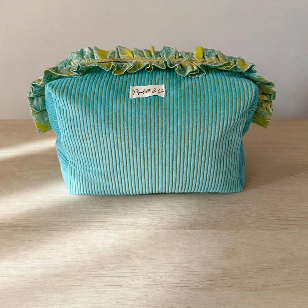 Trousse de toilette velours côtelé turquoise, tissu Kenzo Mah Jong