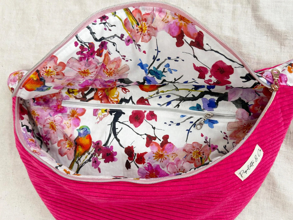Sac banane XL femme - Velours côtelé fuchsia et tissu japonais fleurs cerisier - Grand sac banane tendance fait main - Pipelette & Co