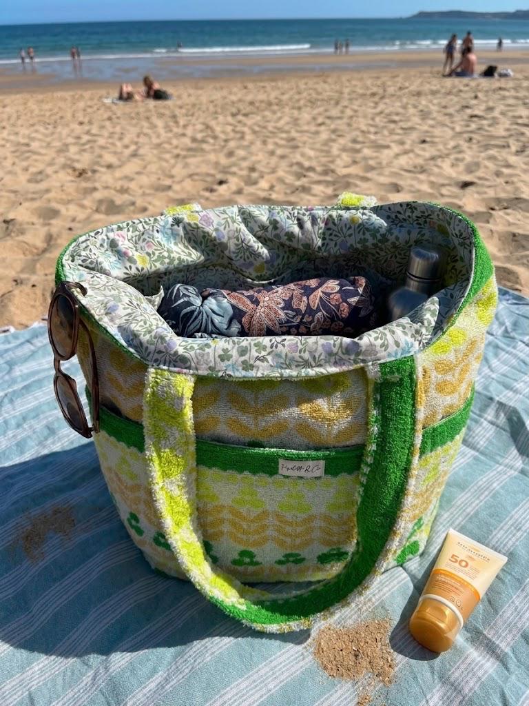 Grand Sac de Plage XXL Éponge Vintage Vert - Cabas Upcyclé Pièce Unique