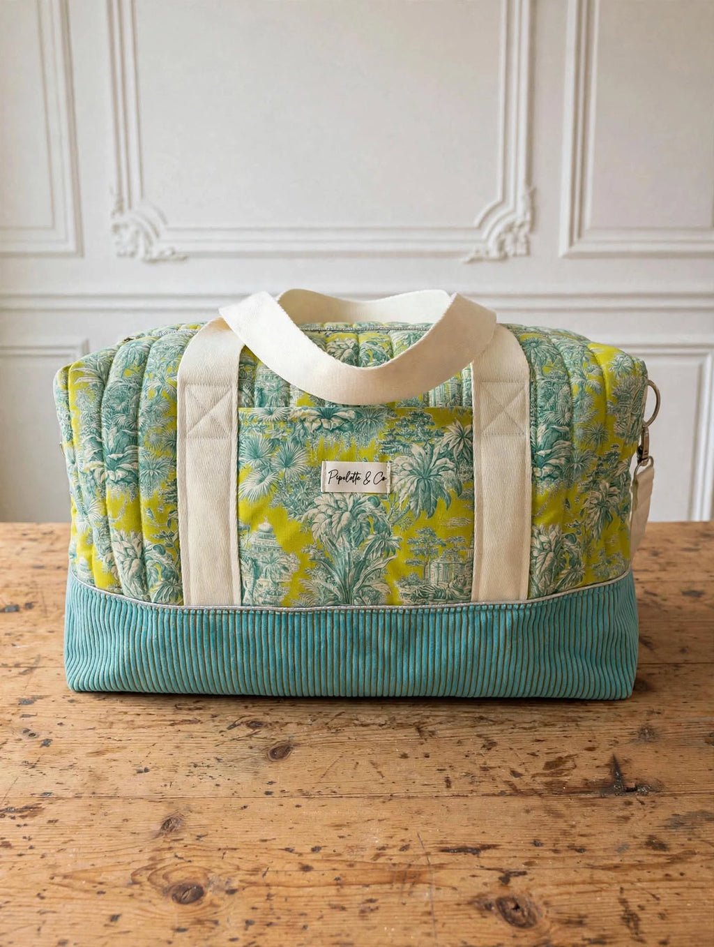 Sac à langer / sac week-end – Toile de Jouy tropicale jaune et turquoise, velours Kenzo