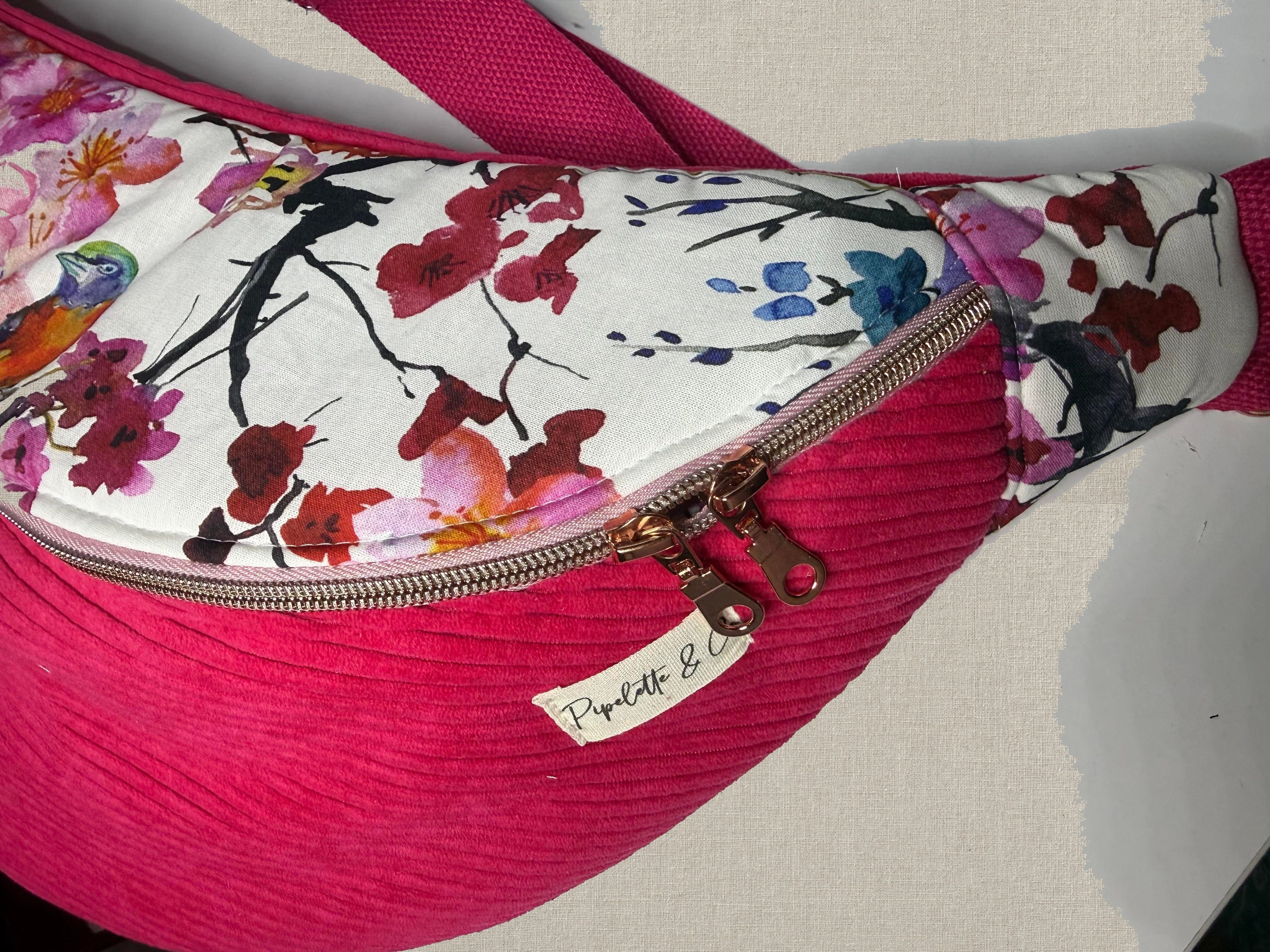Sac banane XL femme - Velours côtelé fuchsia et tissu japonais fleurs cerisier - Grand sac banane tendance fait main - Pipelette & Co