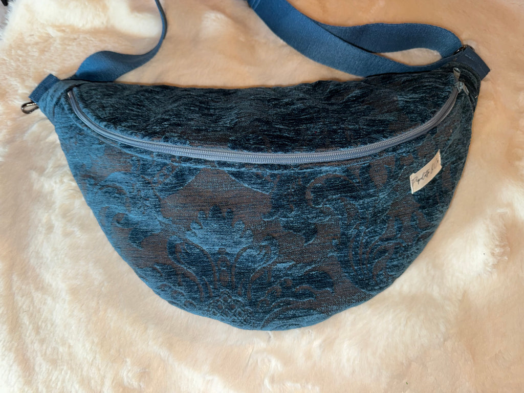 Sac banane XL bleu ,bleu pétrole , velours damassé