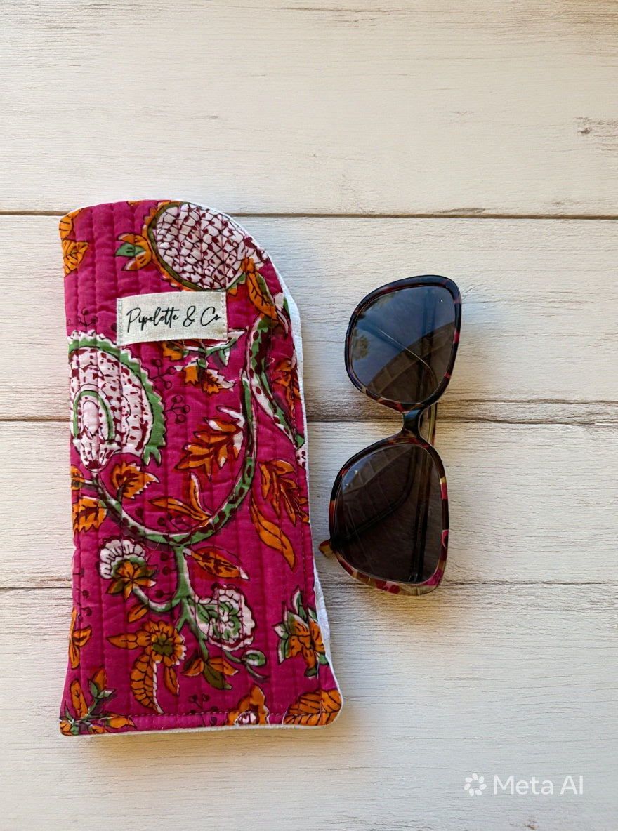 Étui à Lunettes Matelassé Block Print Fleuri Fushia