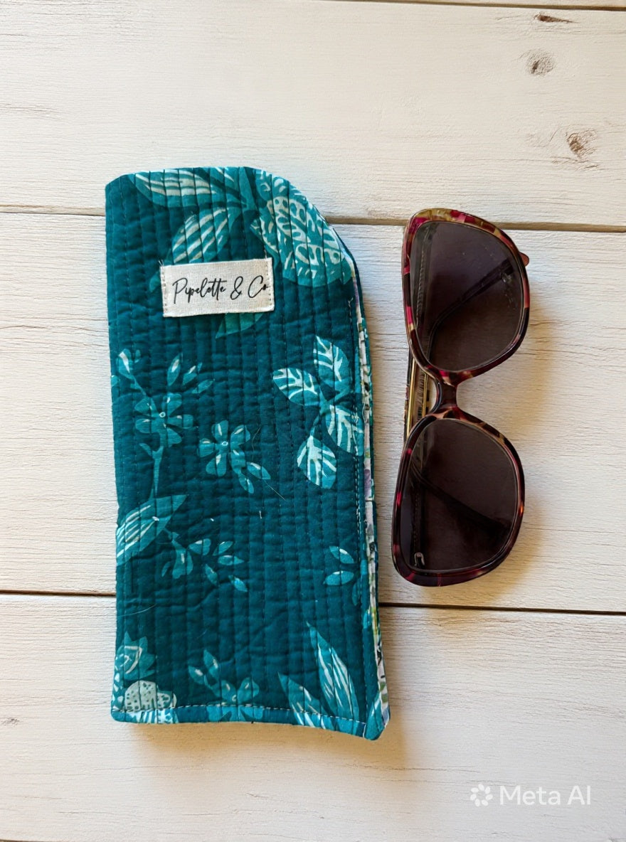 étui à lunette block print vert et fleuri