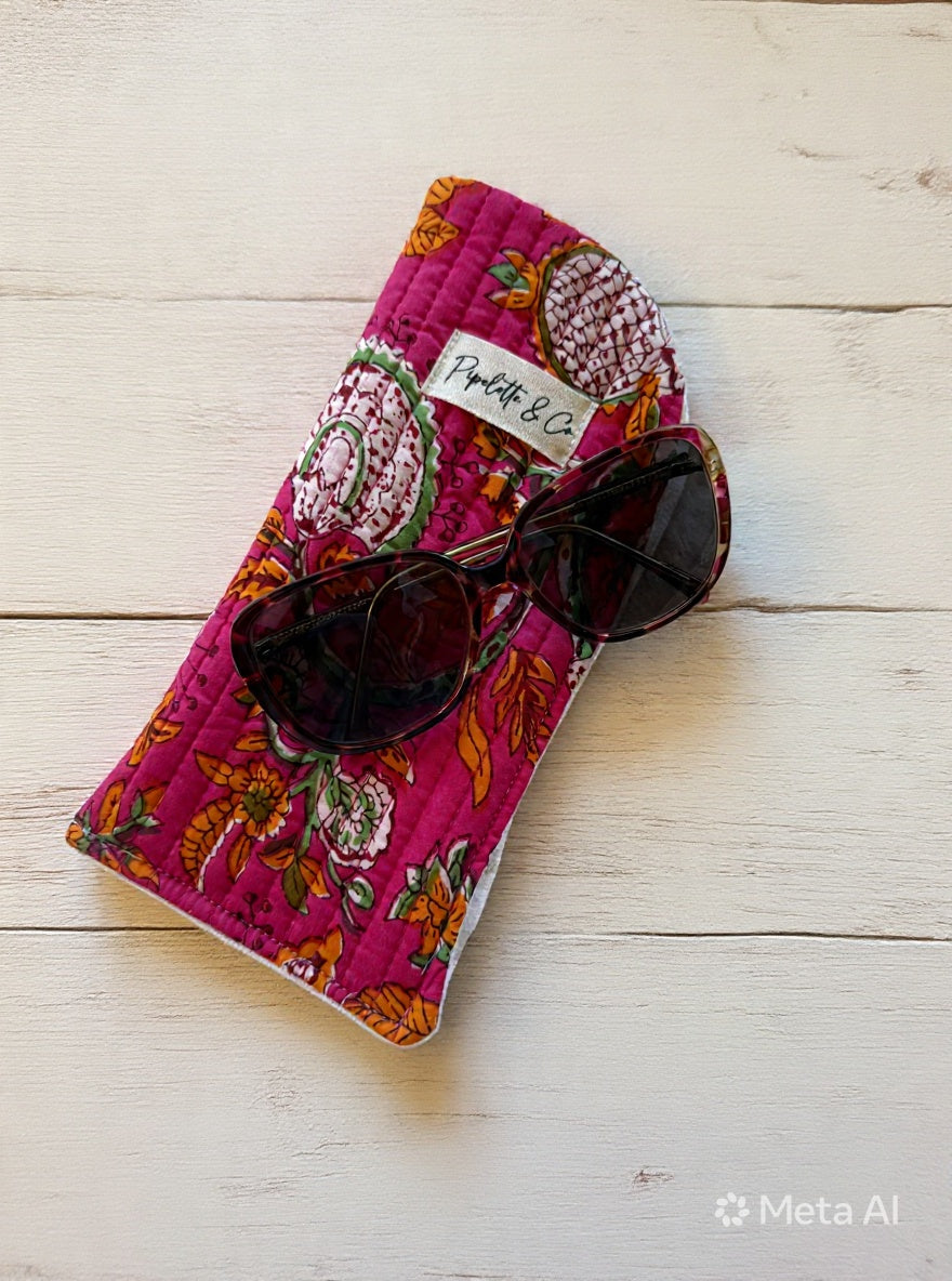 Étui à Lunettes Matelassé Block Print Fleuri Fushia