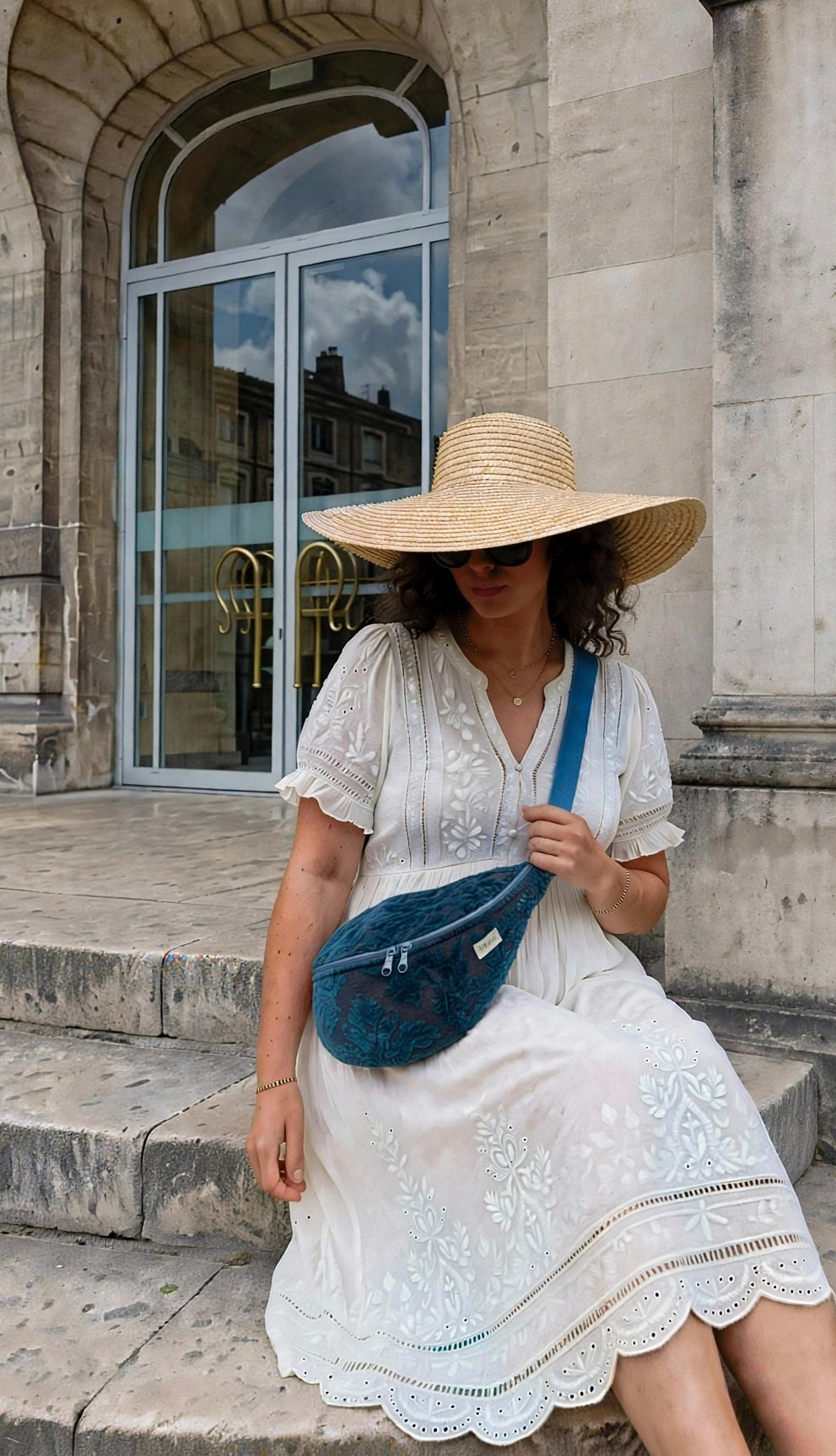 Sac banane XL bleu ,bleu pétrole , velours damassé