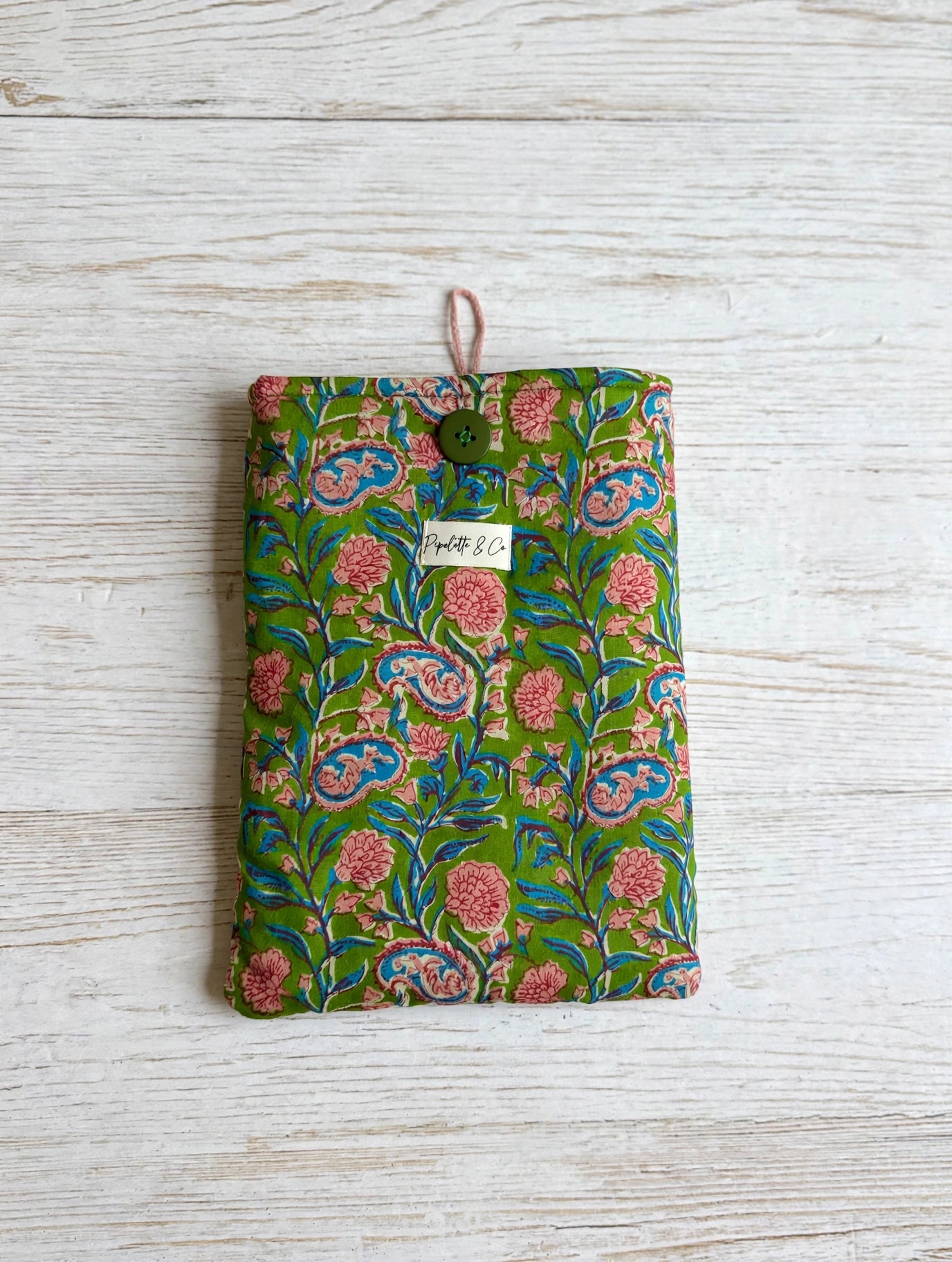Pochette à livre format poche  – tissu indien block print fleuri vert
