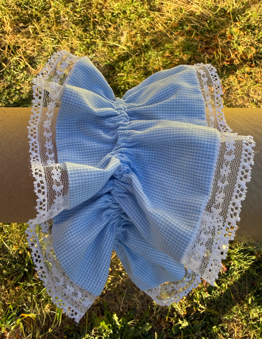 Chouchou double bleu ciel et dentelle blanche fine