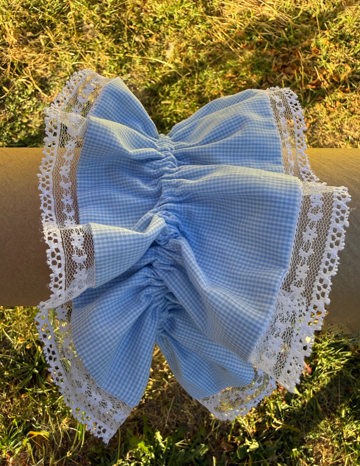 Chouchou double bleu ciel et dentelle blanche fine