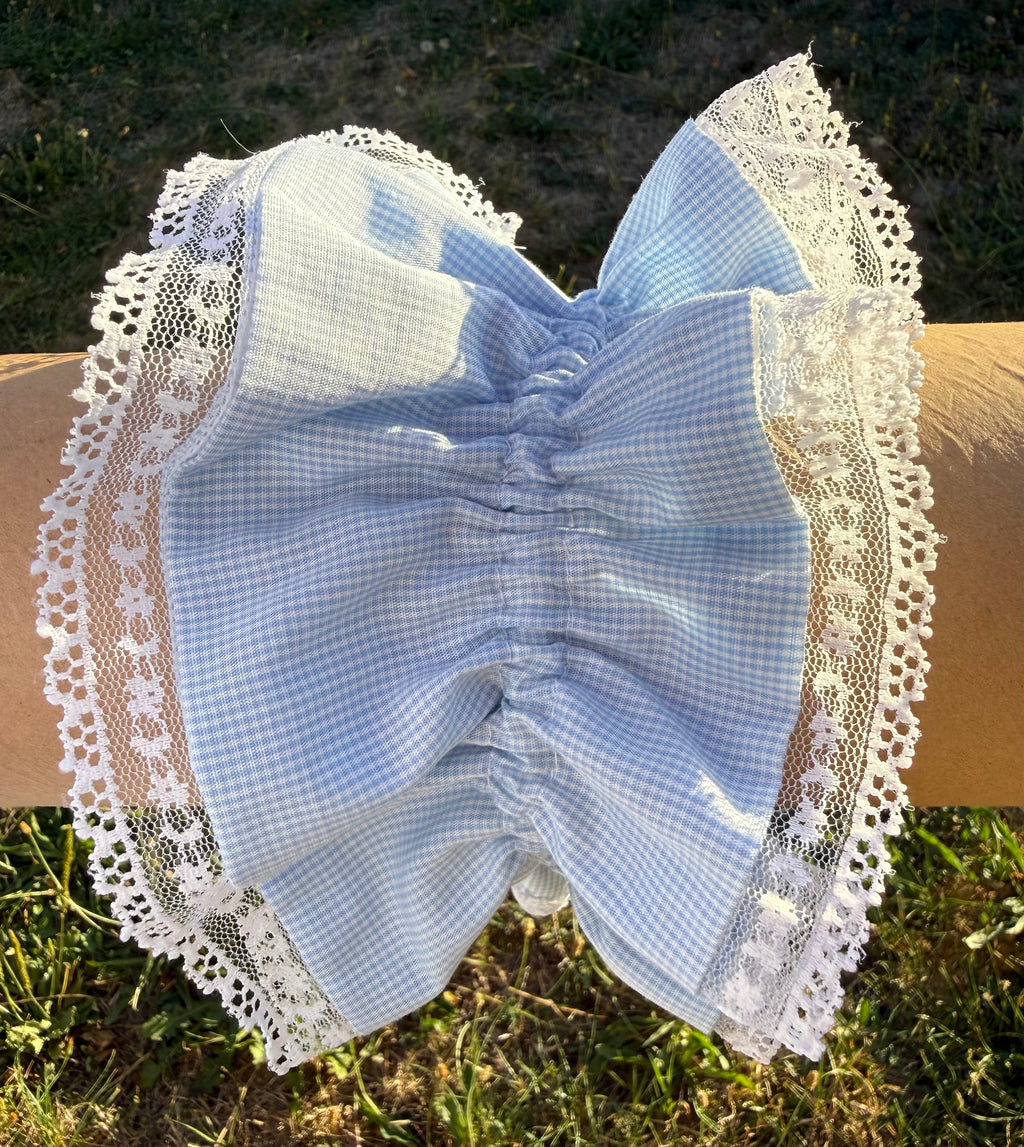 Chouchou double bleu ciel et dentelle blanche fine