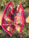 Chouchou double fleuri rose et pompons fuchsia