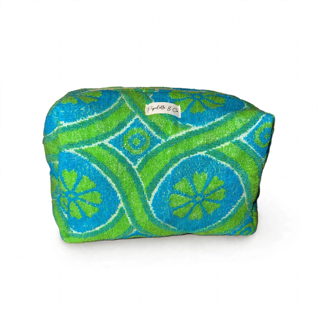 Trousse de toilette vintage bleue et verte vue de face, étiquette Pipelette & Co