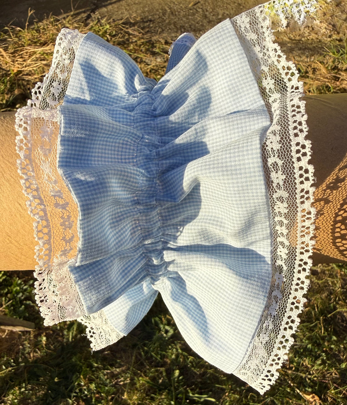 Chouchou double bleu ciel et dentelle blanche fine