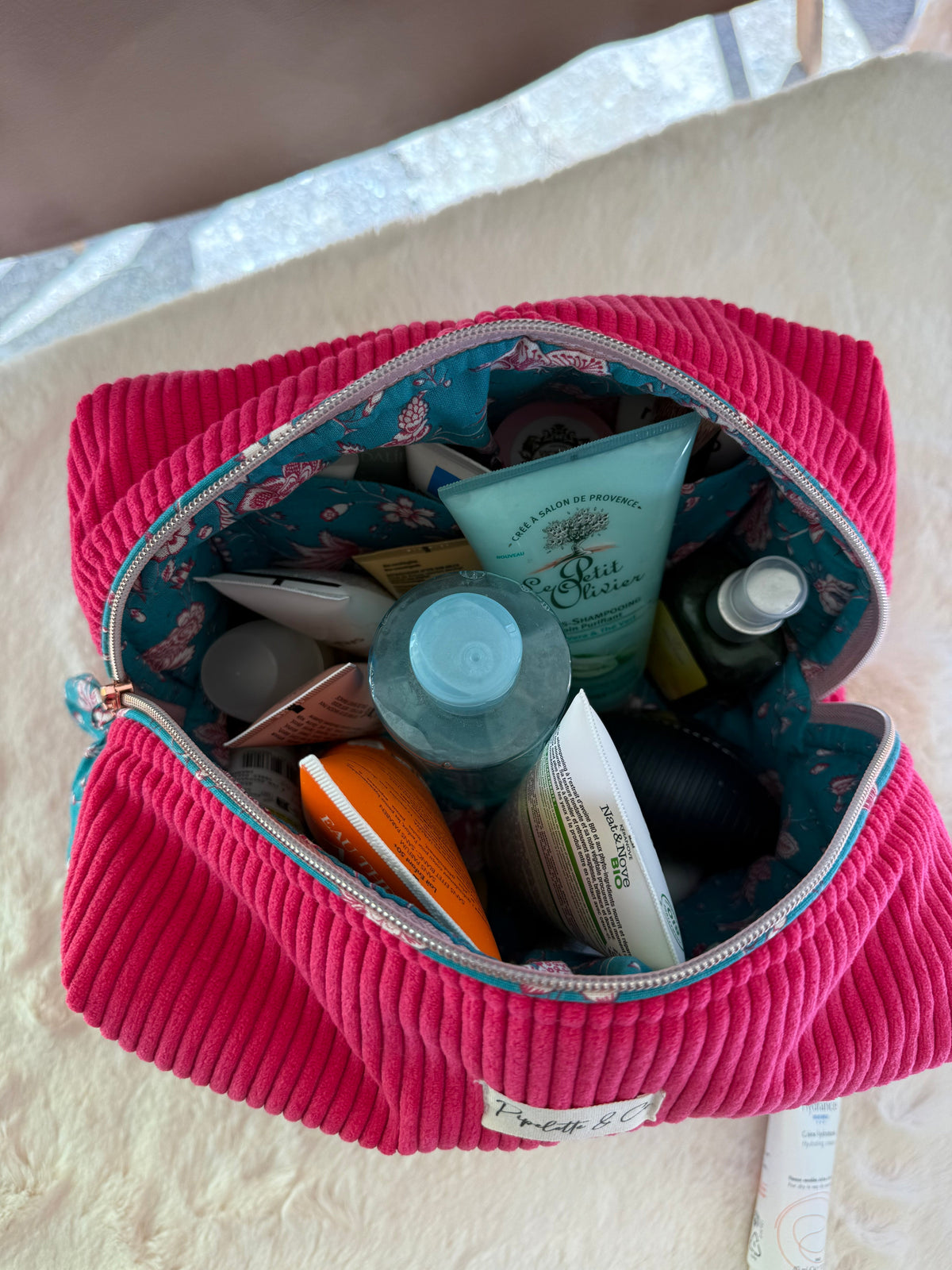 Trousse de toilette – Velours côtelé fuchsia – coton indien