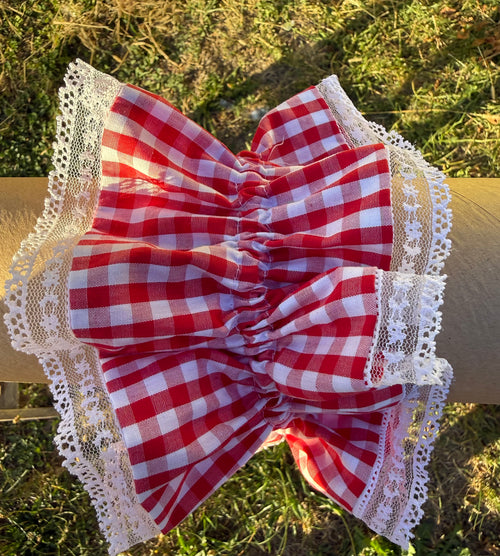 Chouchou double vichy rouge et dentelle blanche