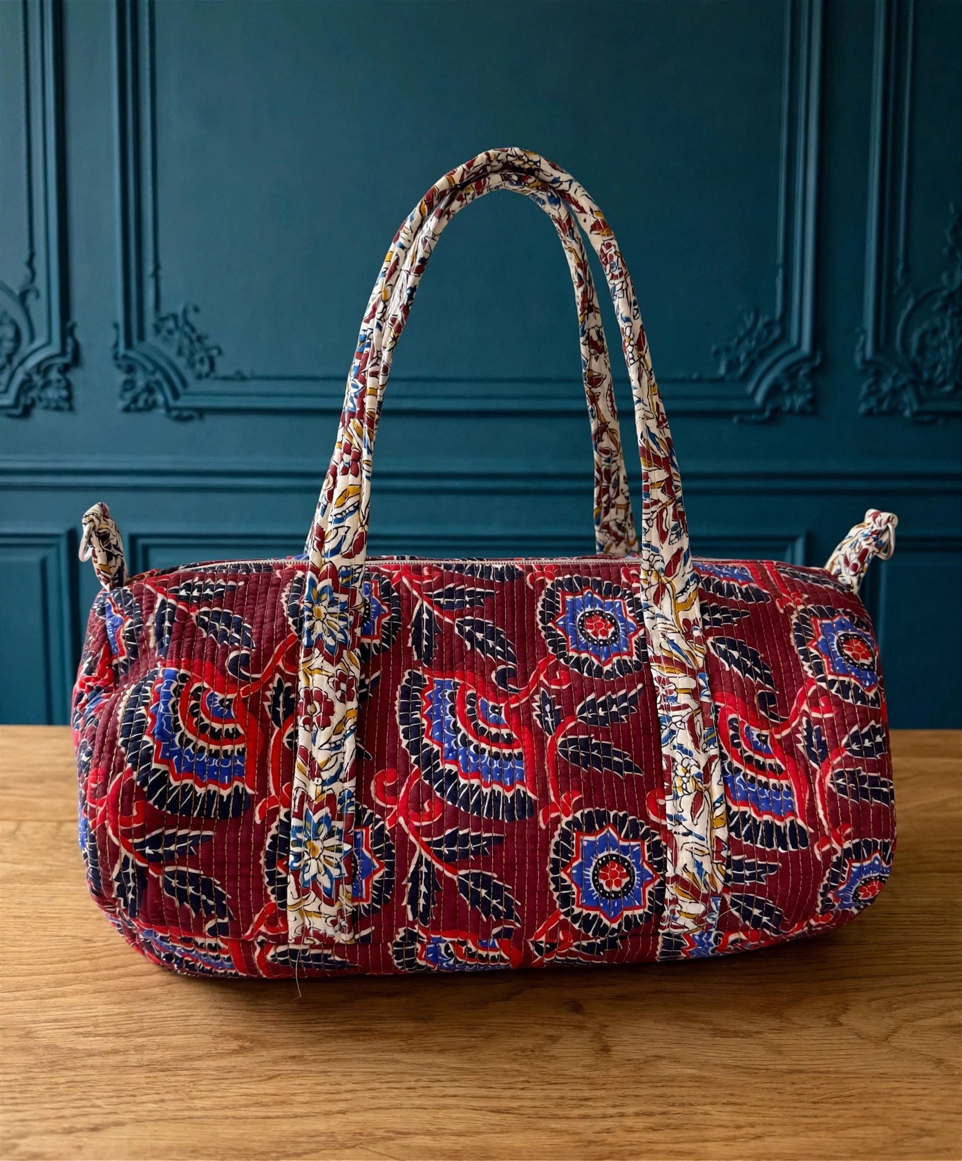 Sac week end block print -rouge-44x20cm