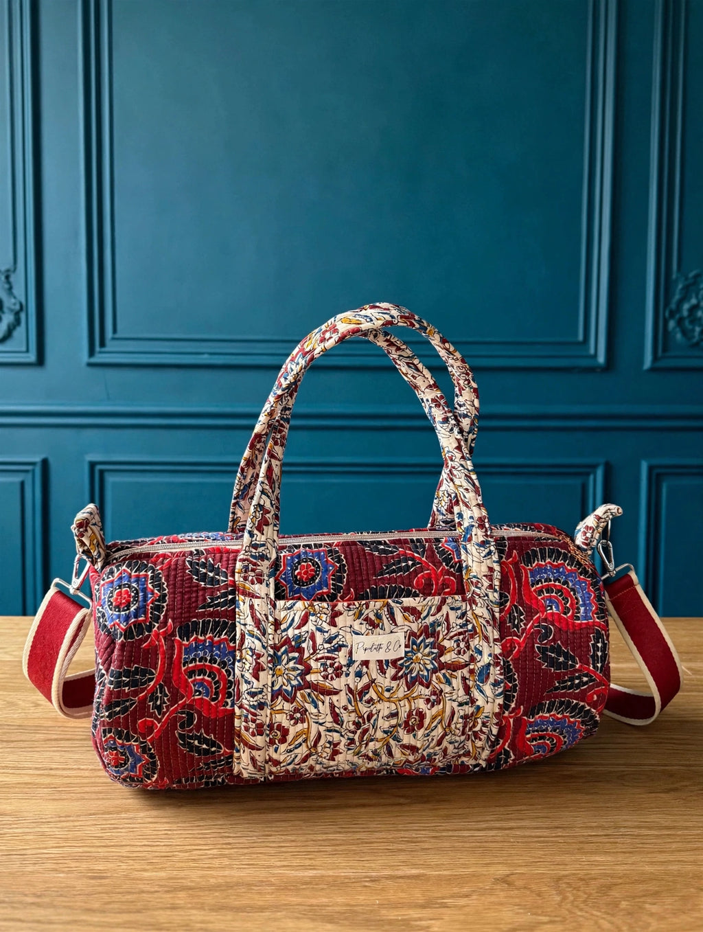 Sac week end block print -rouge-44x20cm