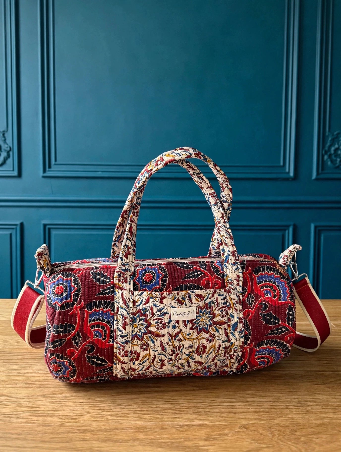 Sac week end block print -rouge-44x20cm