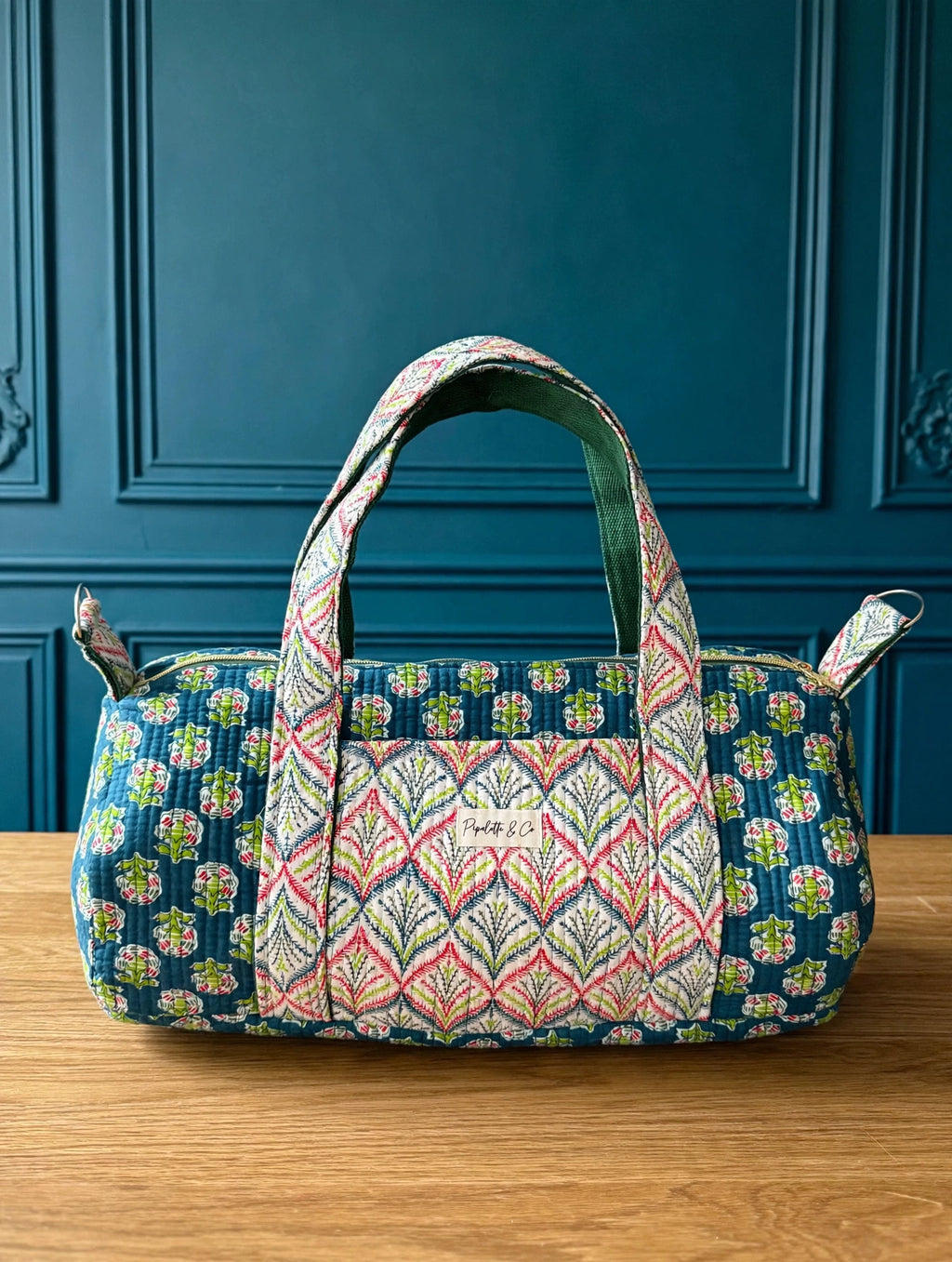 Sac week end block print vert 44x20cm