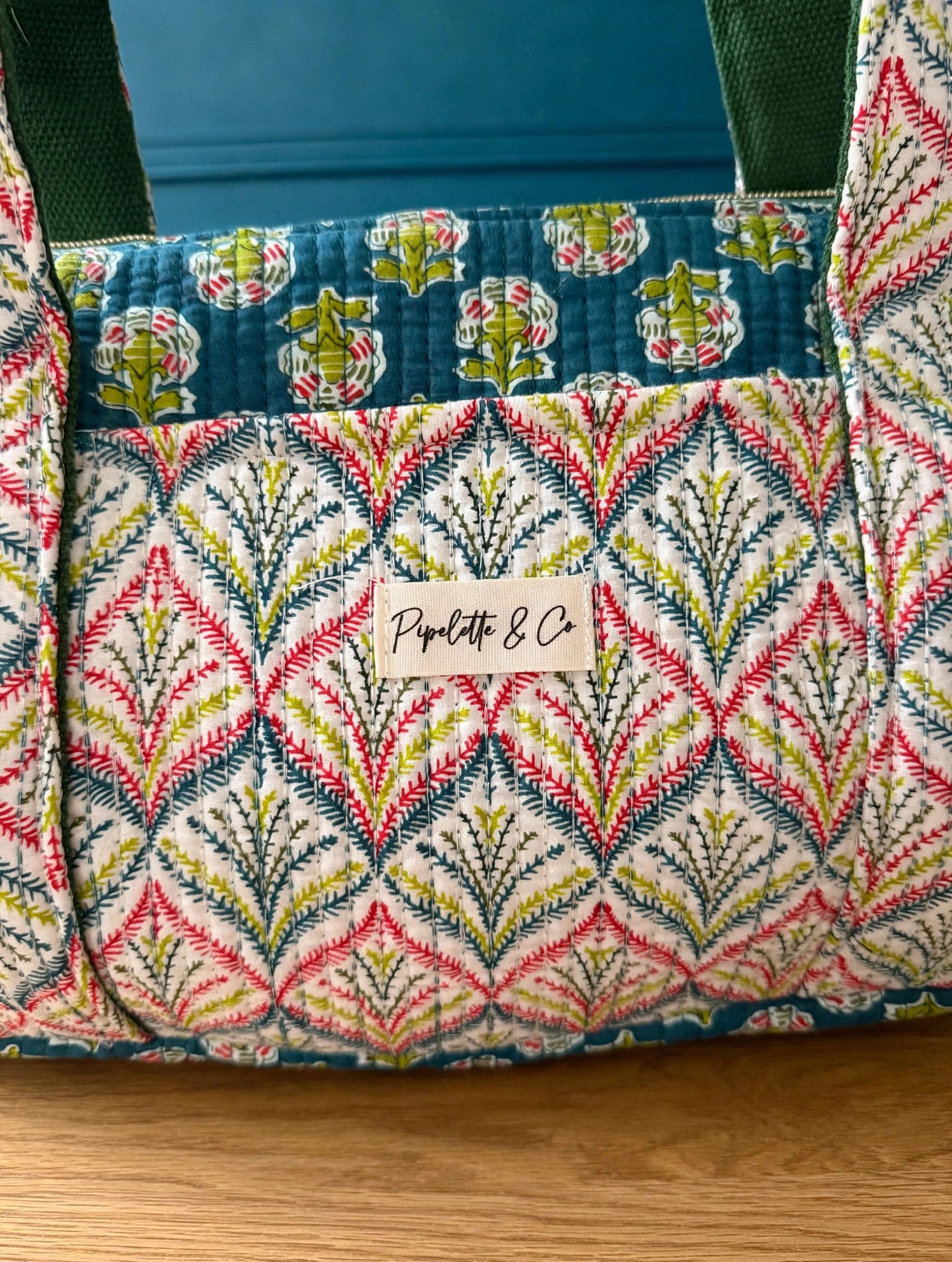 Sac week end block print vert 44x20cm