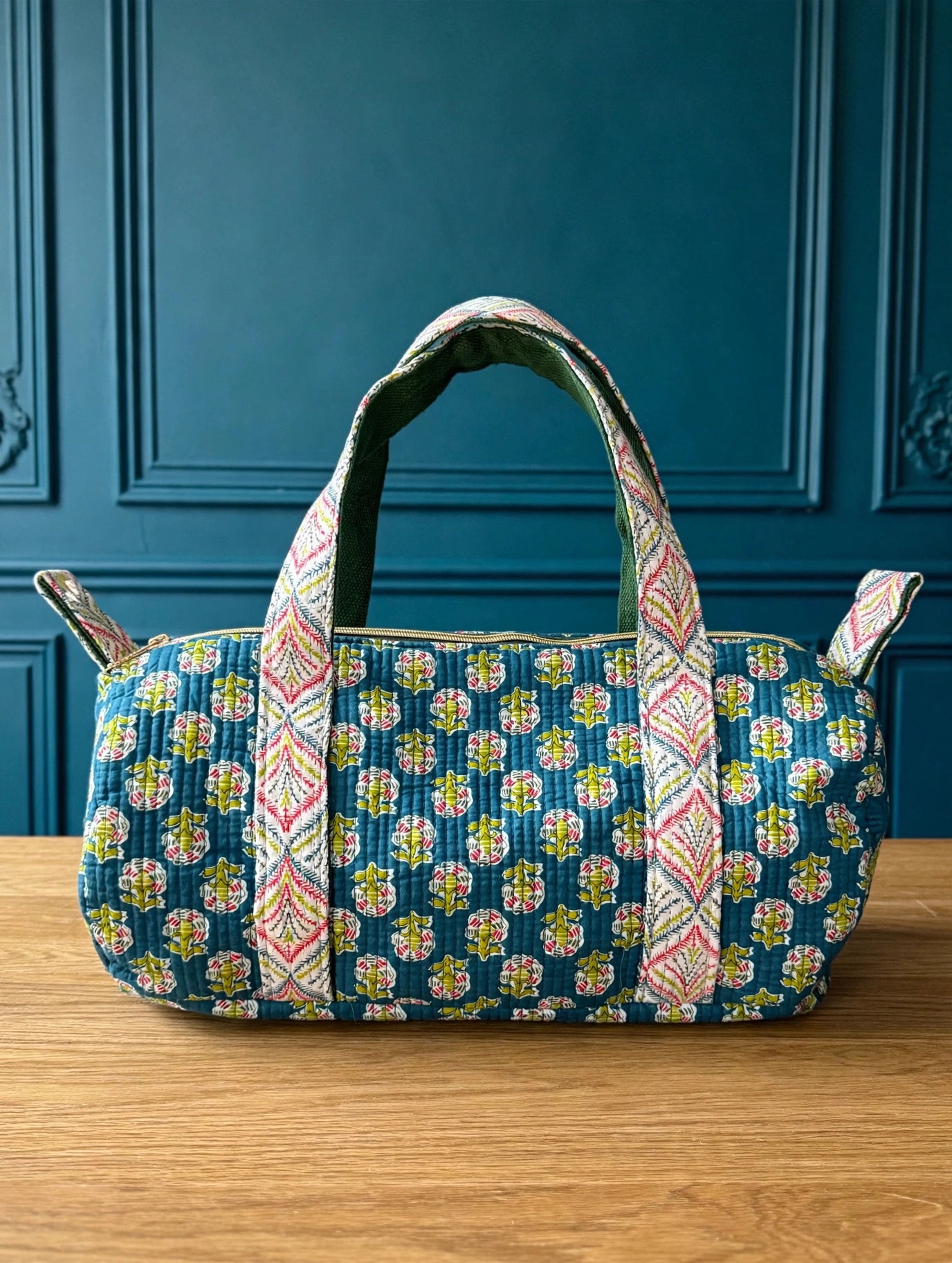 Sac week end block print vert 44x20cm