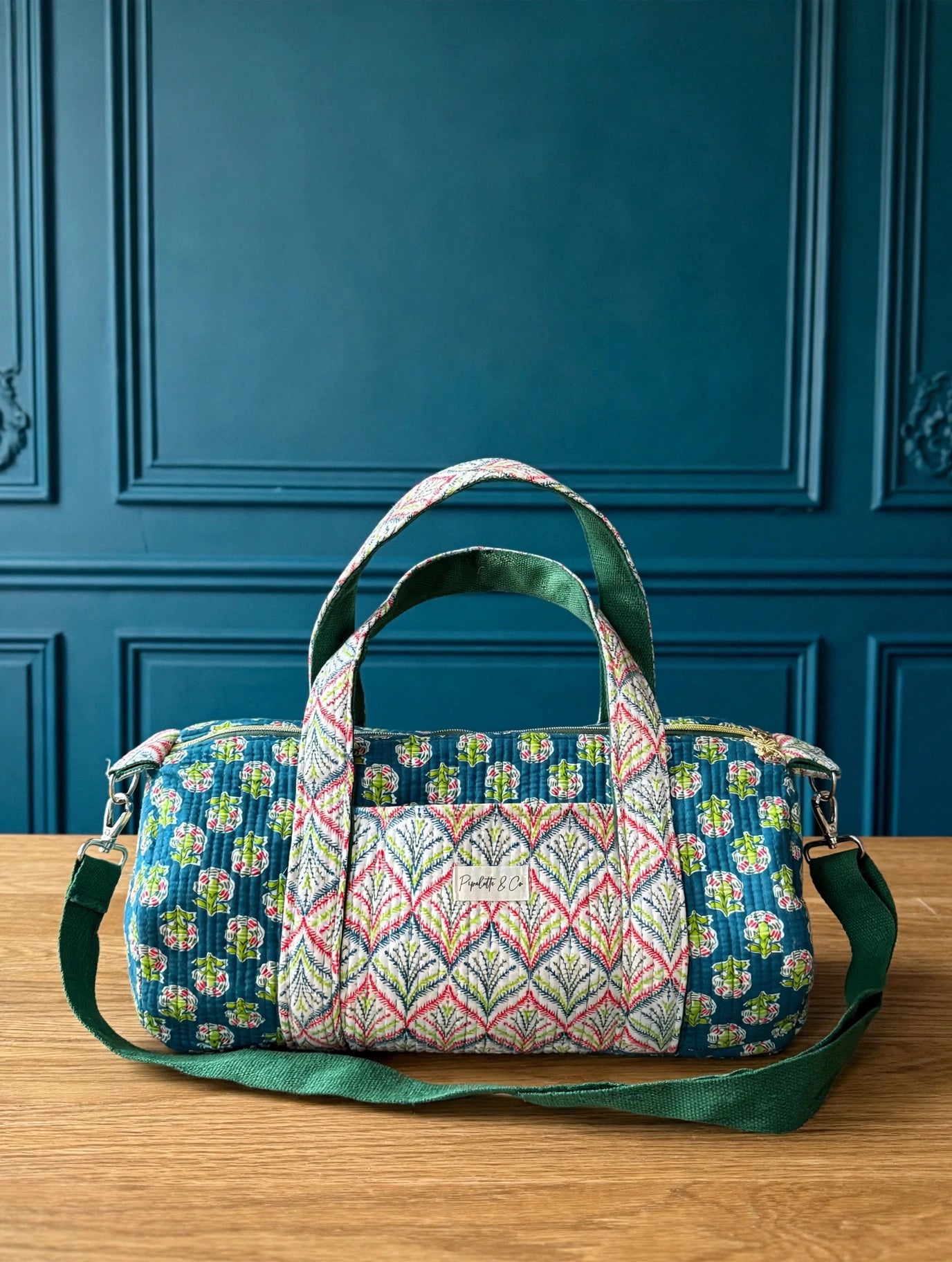 Sac week end block print vert 44x20cm