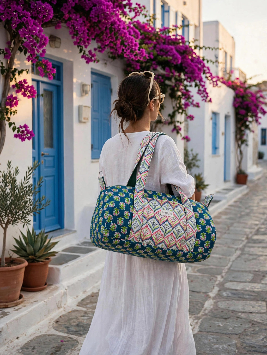 Sac week end block print vert 44x20cm