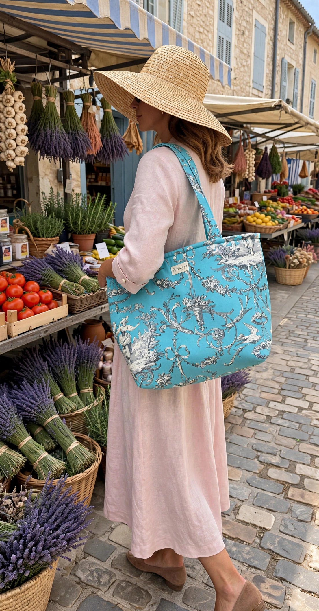 Sac cabas Toile de Jouy  turquoise – Matelassé Pipelette & Co