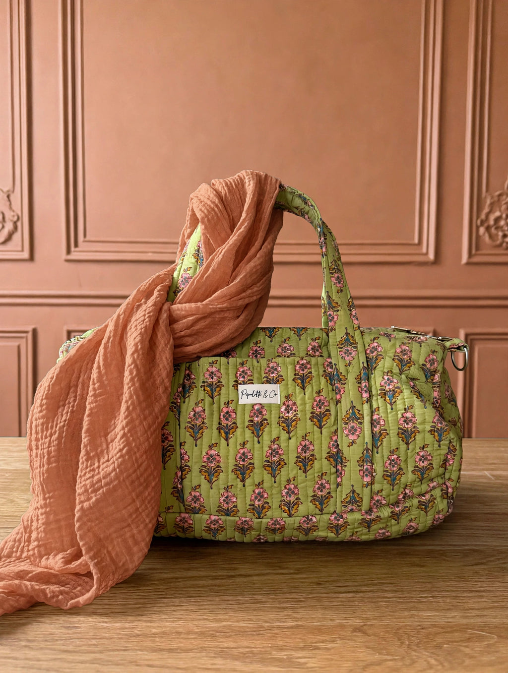 Sac Week-end Matelassé Block Print Vert Fleuri 44x20 cm