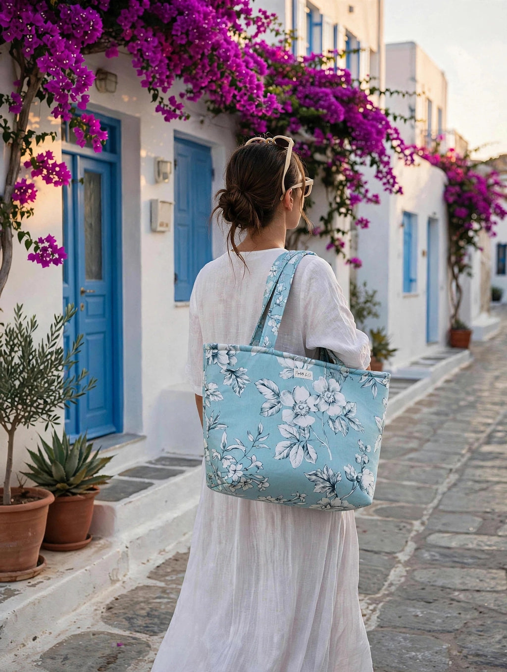 Sac cabas fleuri bleu et blanc, Grand Tote Bag matelassé