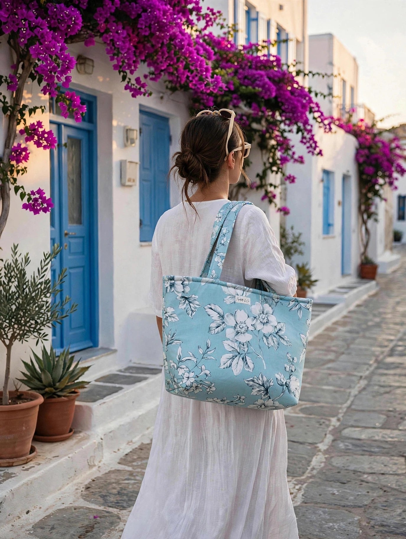Sac cabas fleuri bleu et blanc, Grand Tote Bag matelassé