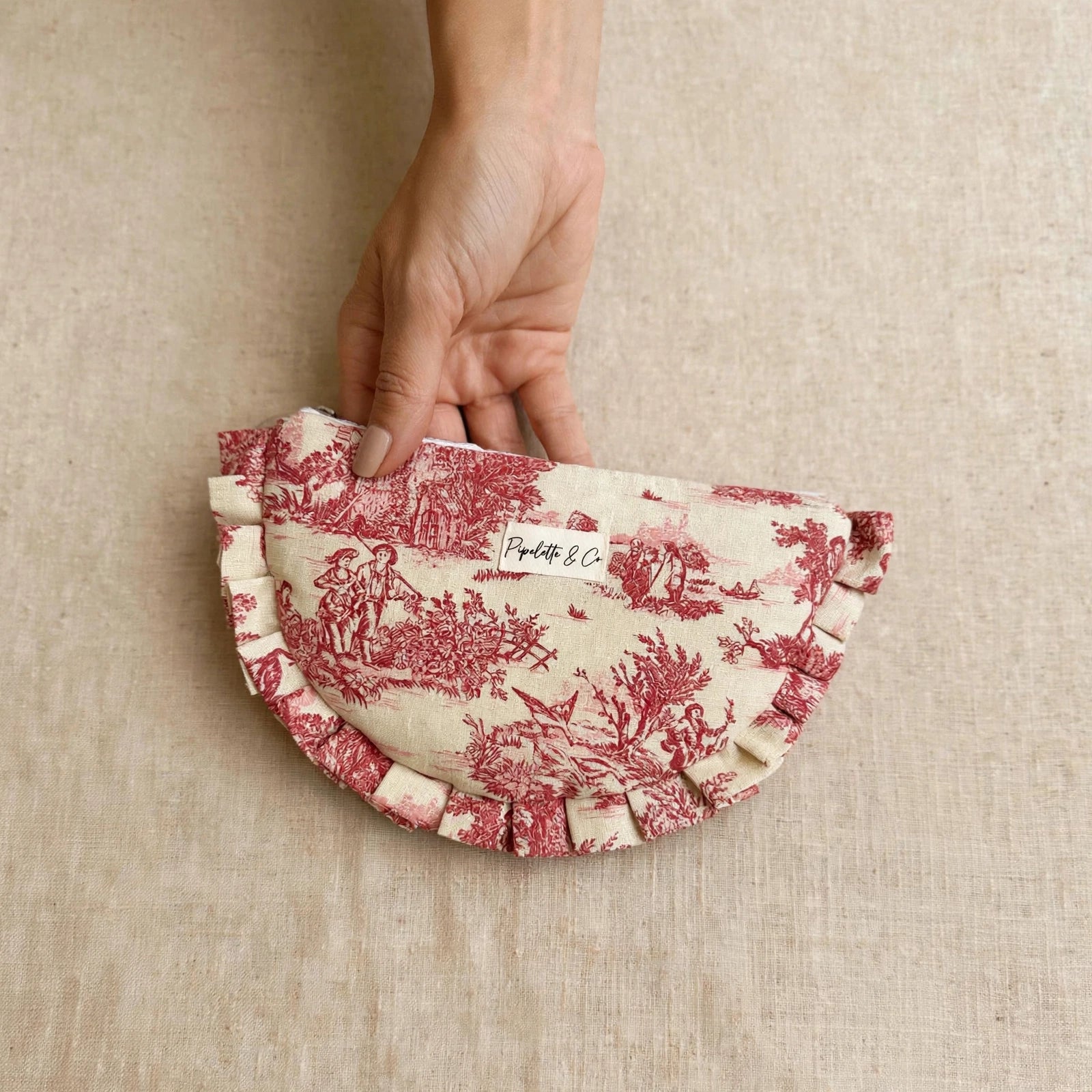 Pochette Toile de Jouy Bordeaux Froufrou 28x17 cm - Style Vintage romantique