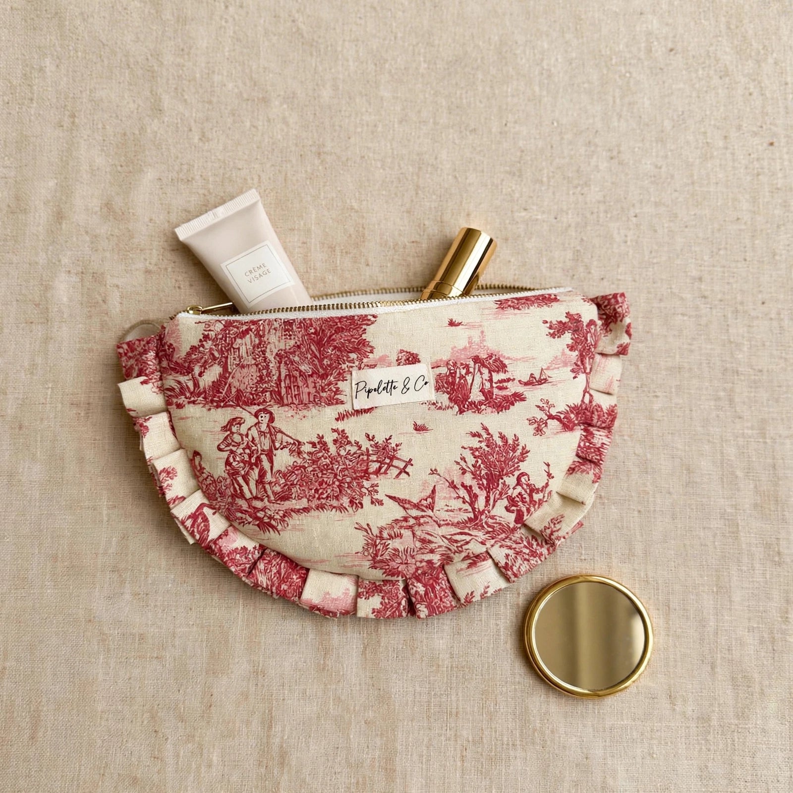 Pochette Toile de Jouy Bordeaux Froufrou 28x17 cm - Style Vintage romantique