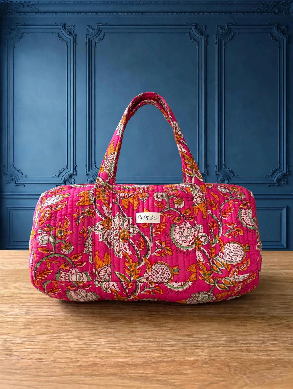 Sac Polochon Rose Fuchsia Floral - Block Print - Pipelette & Co