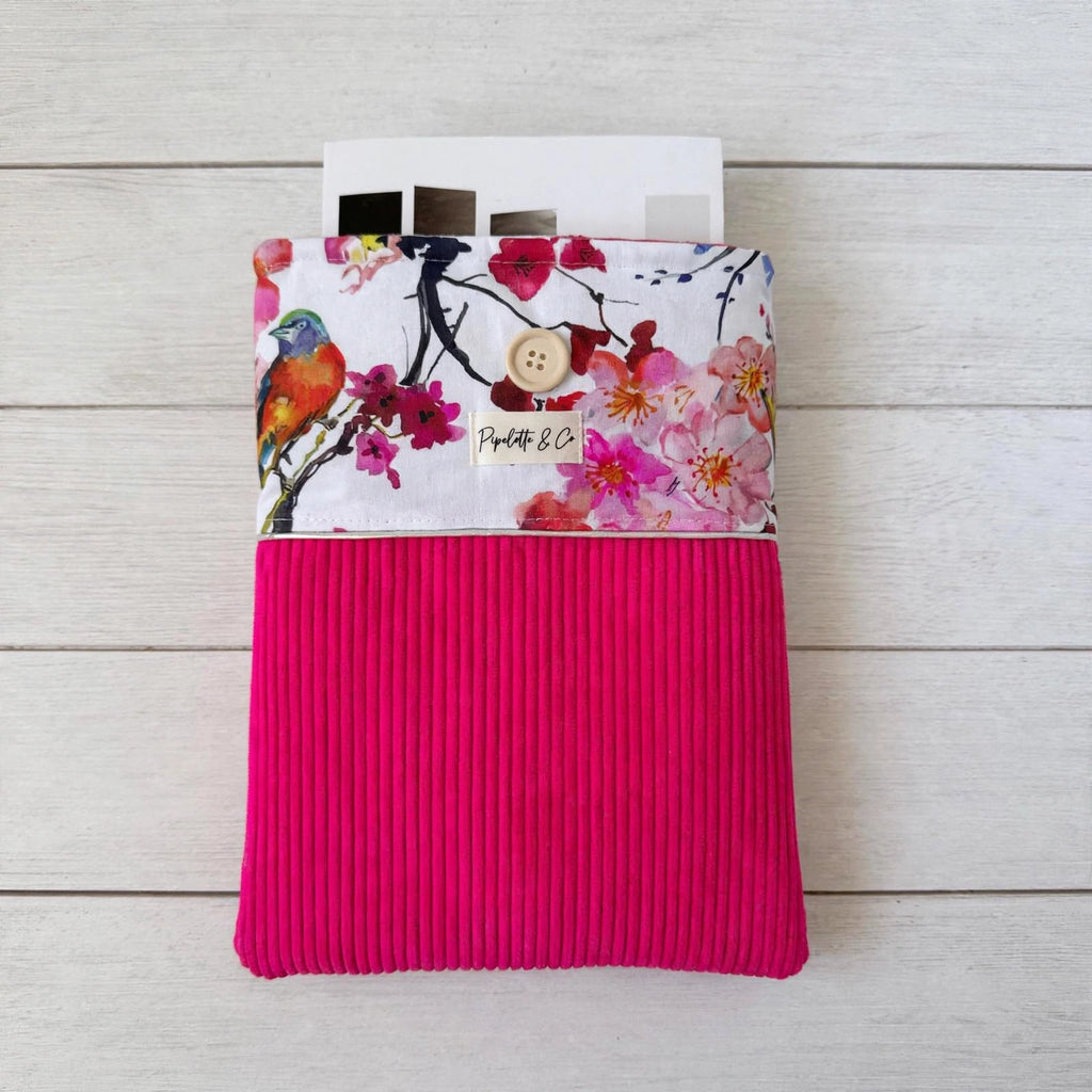 Pochette à Livre Broché 23x30cm - Fuchsia & Oiseau Aquarelle - Collection Velours