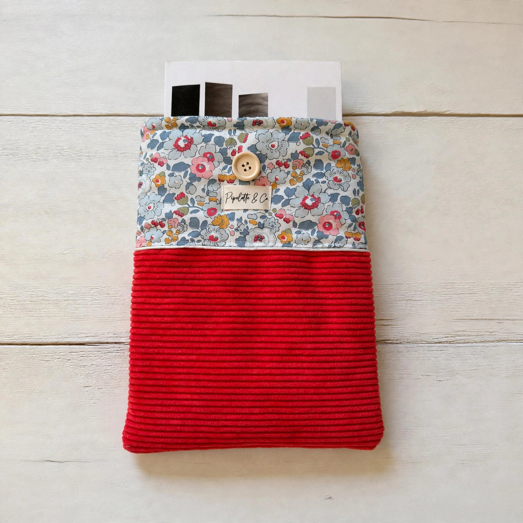 Pochette à Livre Broché 23x30cm - Velours Côtelé Rouge & Liberty Floral