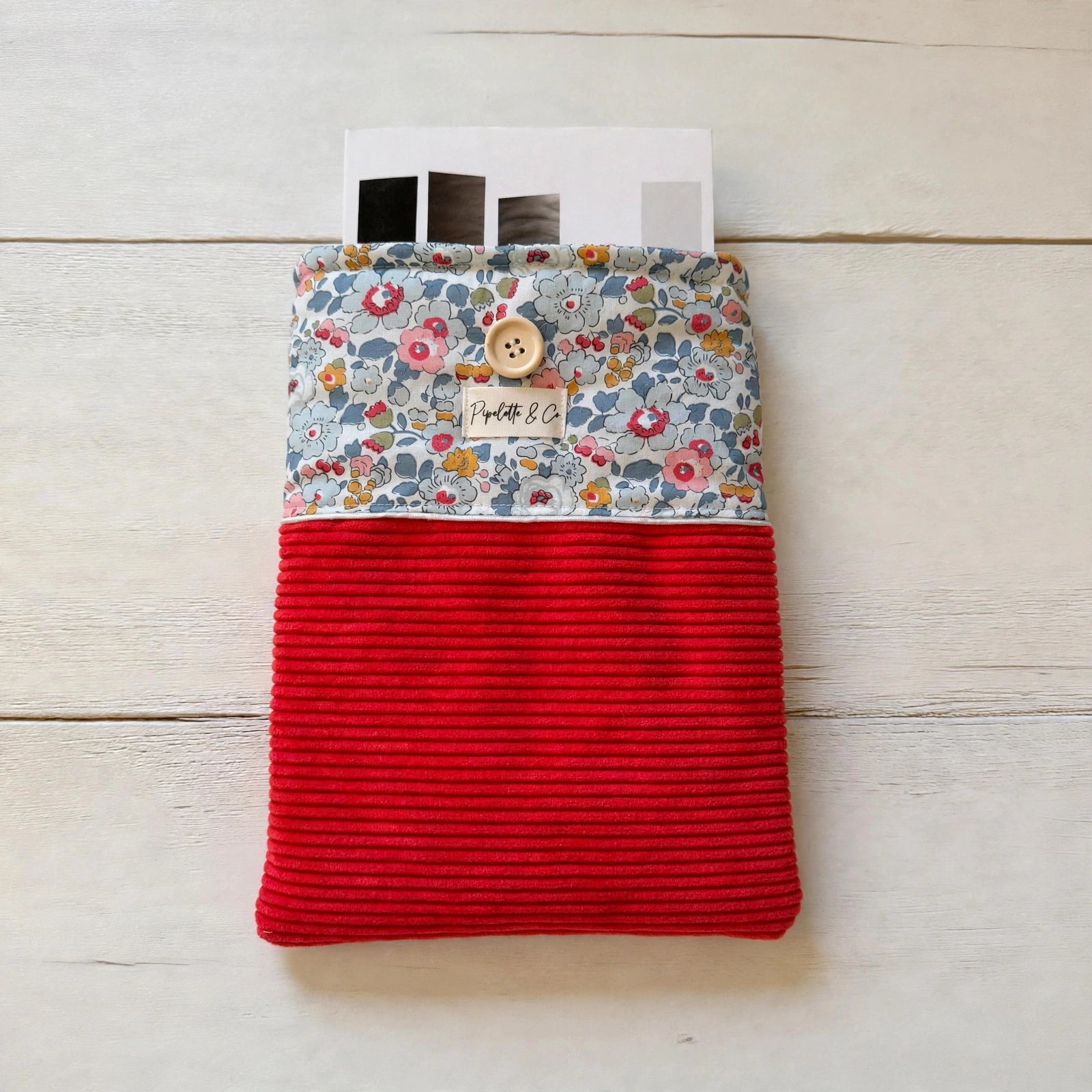 Pochette à Livre Broché 23x30cm - Velours Côtelé Rouge & Liberty Floral