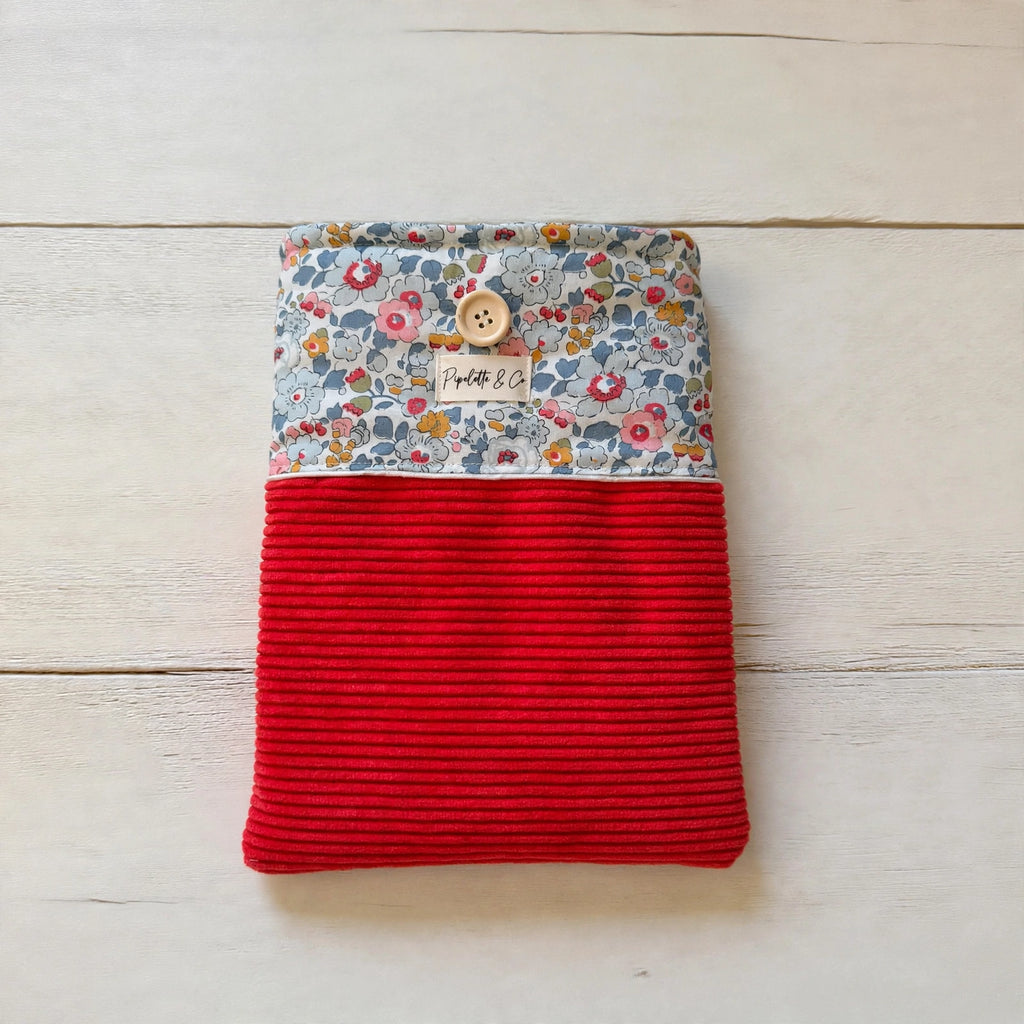 Pochette à Livre Broché 23x30cm - Velours Côtelé Rouge & Liberty Floral