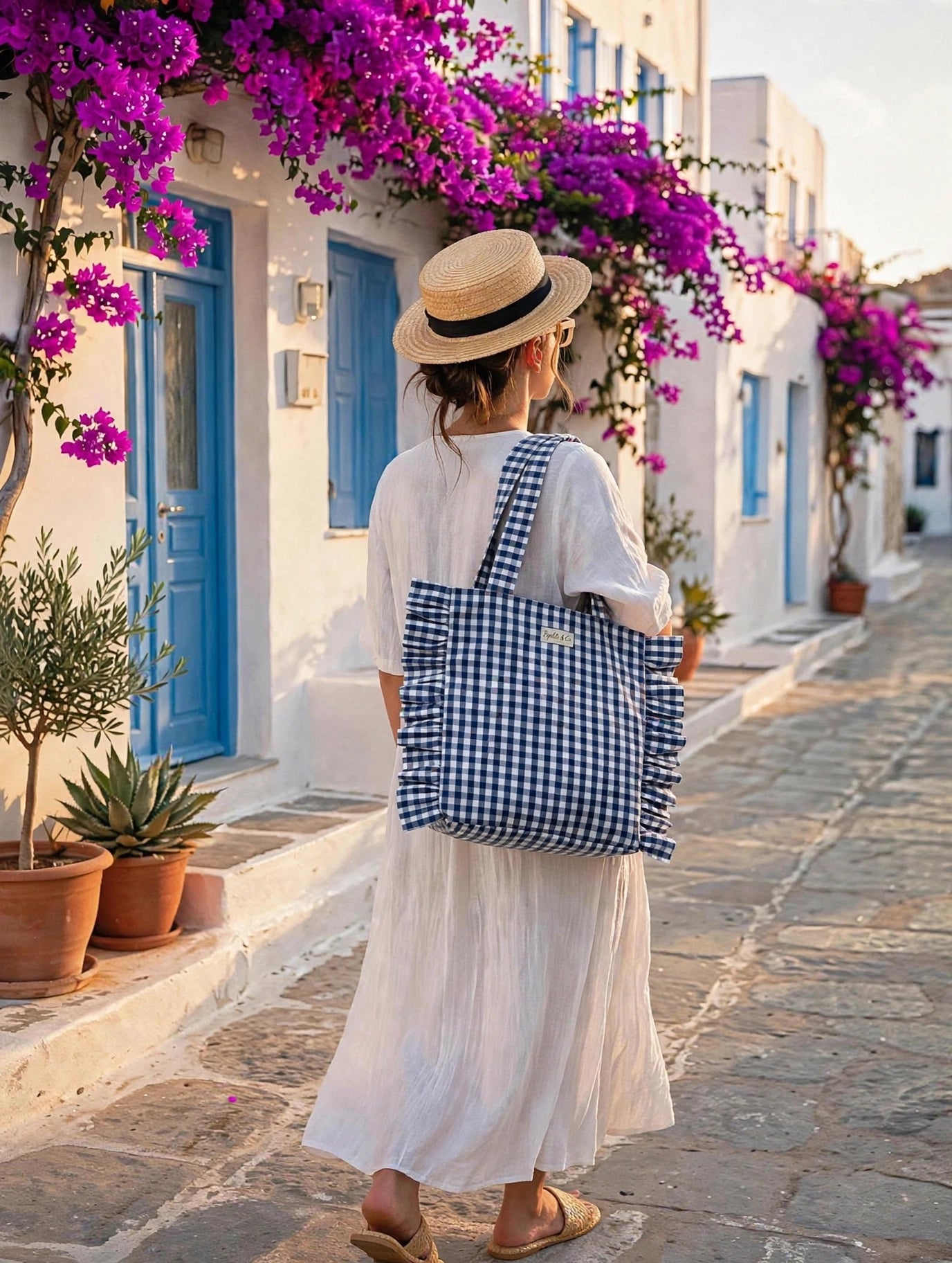 Tote Bag Vichy Bleu Marine à Froufrous - Le Marine