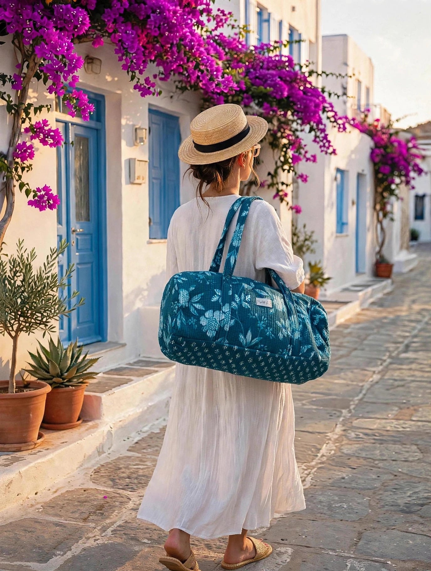 Sac week-end matelassé 53x20 en tissu block print – sac de voyage artisanal