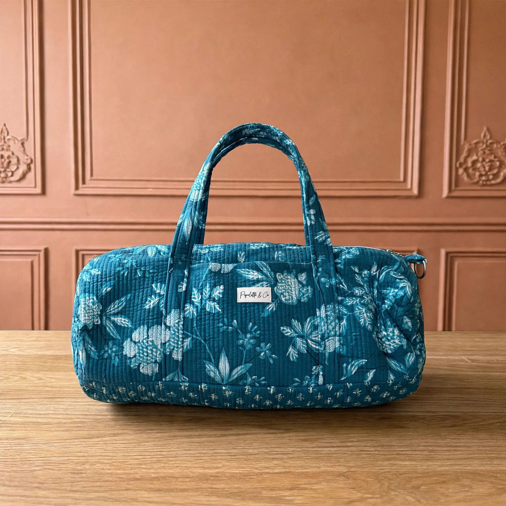 Sac week-end matelassé 53x20 en tissu block print – sac de voyage artisanal