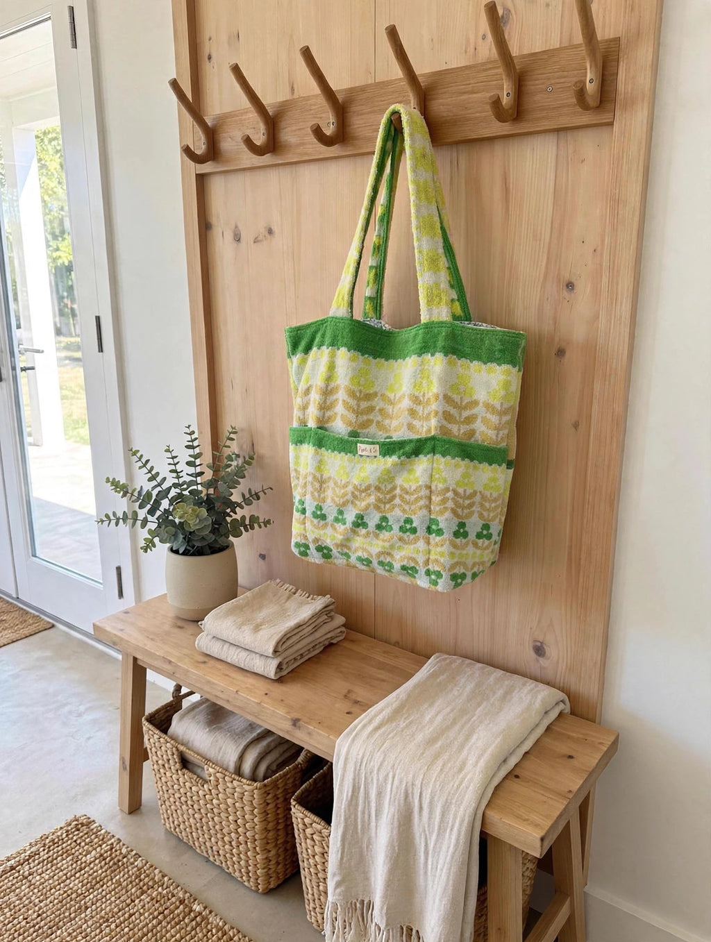 Grand Sac de Plage XXL Éponge Vintage Vert - Cabas Upcyclé Pièce Unique