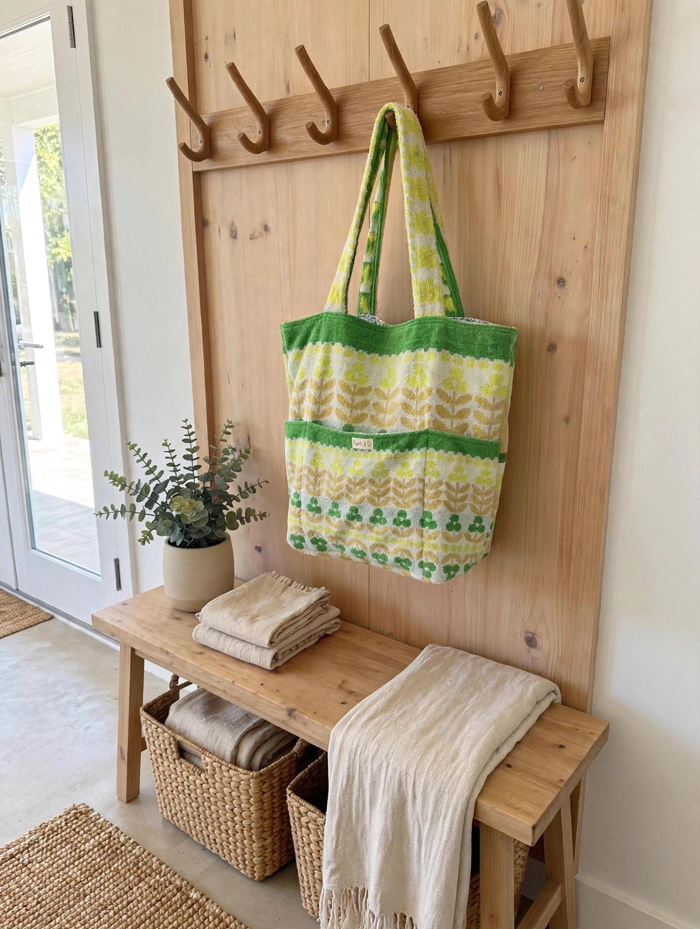 Grand Sac de Plage XXL Éponge Vintage Vert - Cabas Upcyclé Pièce Unique
