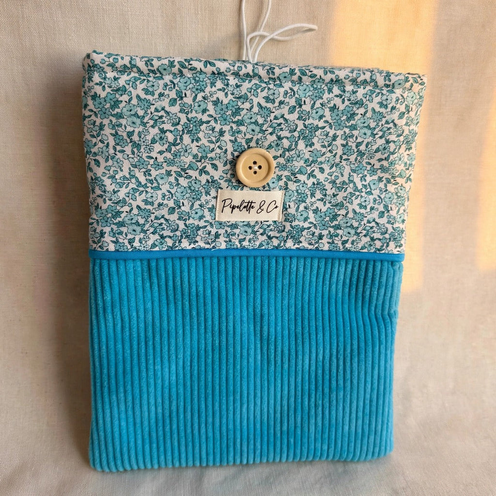 Pochette à livre broché – Velours côtelé turquoise & Liberty fleuri