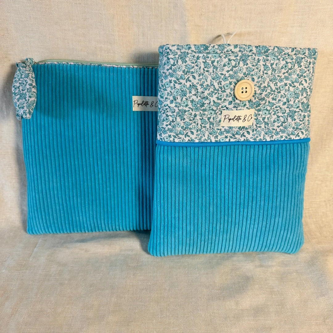 Pochette à livre broché – Velours côtelé turquoise & Liberty fleuri