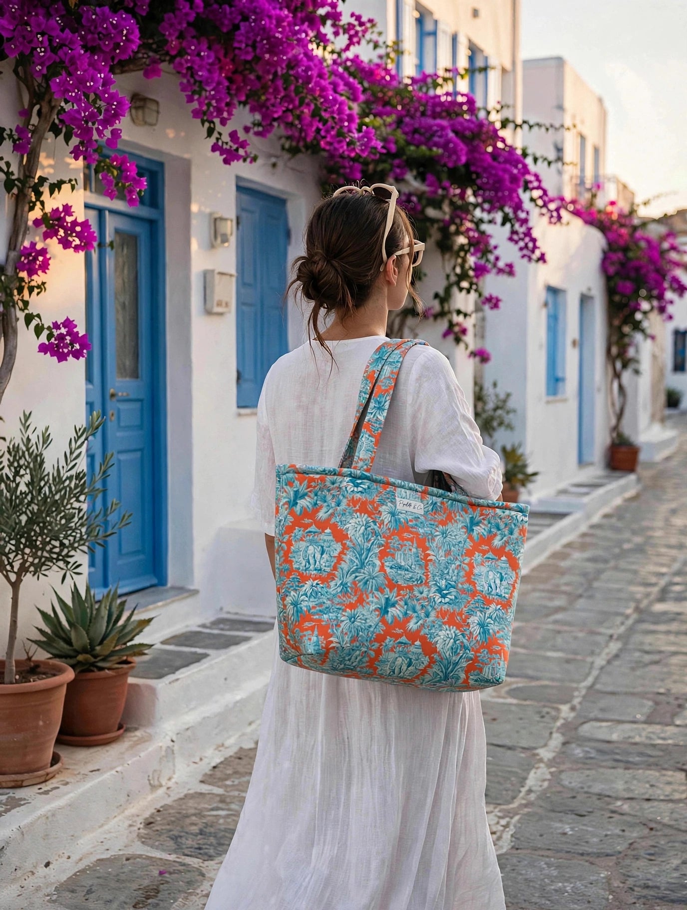 Sac Cabas Toile de Jouy Éléphant Orange et Bleu - Grand Tote Bag Matelassé - Pipelette & Co